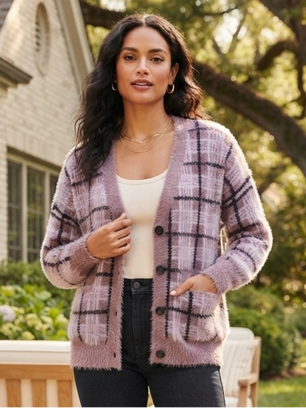 99 Jane Street Cozy Plaid Button-Front Cardigan in Dusty Lavender